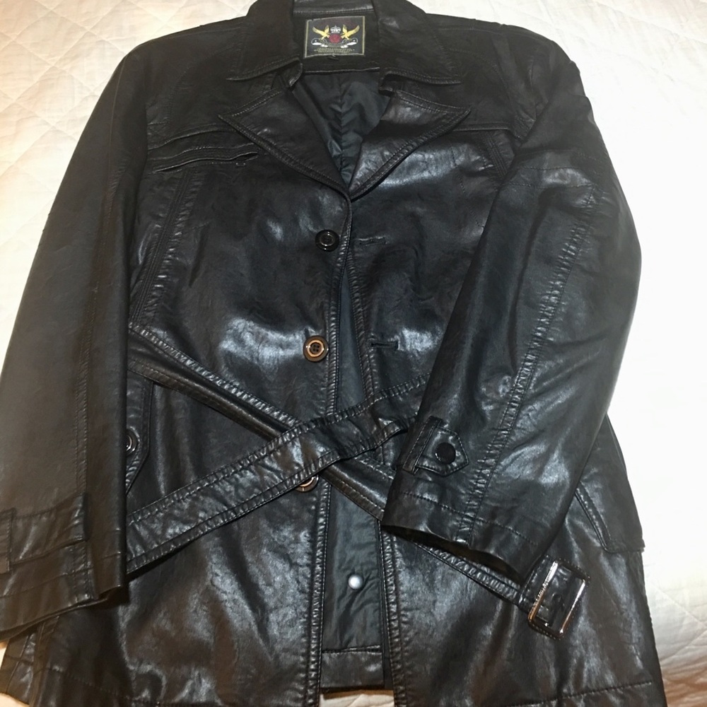 Vintage style faux leather trench belted